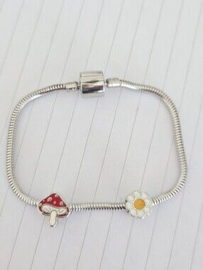 Silver Snake Chain Bracelet with Red Mushroom & White Daisy Charms